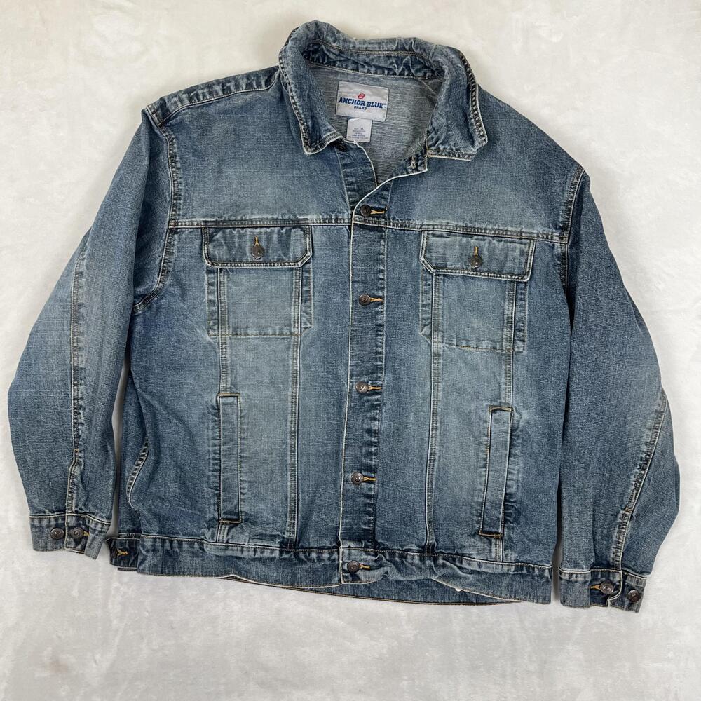 Vintage Anchor Blue Jacket Mens XL Blue Denim Button Front Biker Trucker Y2K